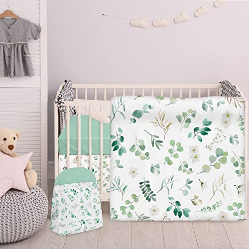 Image of 4 Pcs Baby Crib Bedding Set Includes Muslin Fitted Crib Sheet Soft Quilt Breathable Crib Skirt and Diaper Bag Boho Tropical Plant Leaf Pastel Green for Baby Boys or Girls