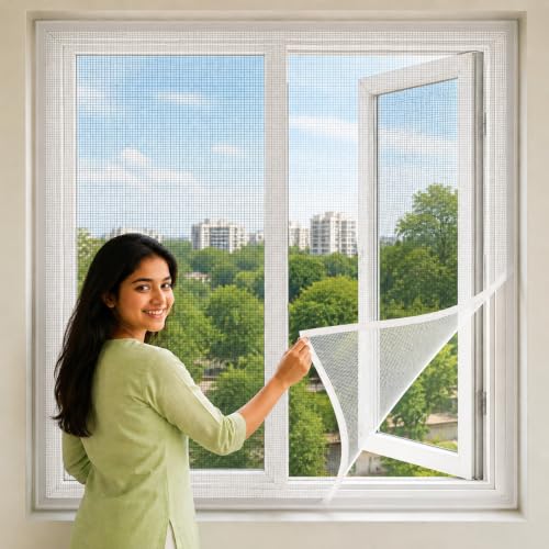 Image of DM DASII Window Mosquito Net with Self Adhesive Velcro Tape | Fiberglass Mesh Window Insect Screen | Washable Reusable Fly Bug Protection Mesh for Home | White, 2 * 3 ft |