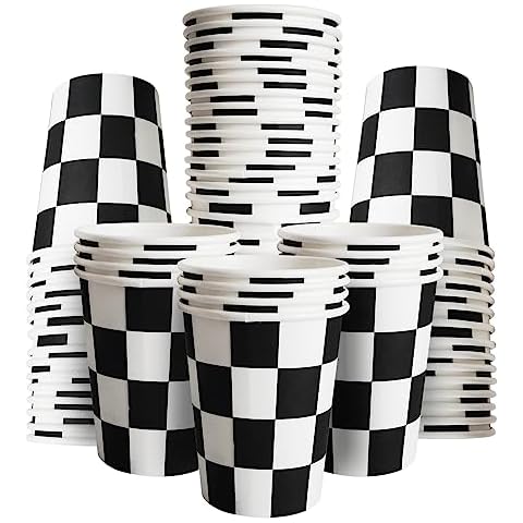 excvalues 100 PCS Checkered Paper Cups 9 oz Black and White Disposable Cup Checkered Race Car Birthday Party Supplies Cups for Racecar Beverage Birthday Decorations (100) Cover