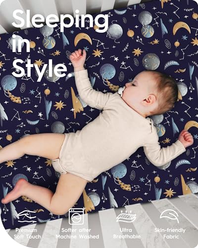 Image of Pack N Play Sheets Fitted, TotBasic Ultra Soft Space Mini Crib Sheets, Premium Jersey Knit Pack and Play Sheets Neutral, Stretchy Play Yard Sheets for Pack and Play Mattress, 2 Pack