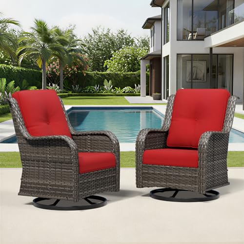Image of Joyside Swivel Patio Chairs Set of 2, Wicker Patio Furniture with High Back, Deep Seating, Wide Armrest, Thickened Cushions, Outdoor Rattan Furniture for Deck, Porch Use