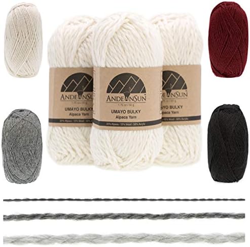 (3 Small Gorgeous Skeins) Alpaca Yarn Blend Umayo [165 Yards Total] Ivory, 5 Bulky