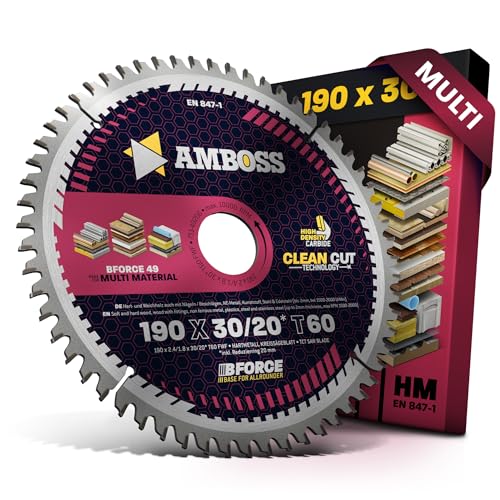 AMBOSS WERKZEUGE - Hoja de sierra circular de metal duro (190 x 30 mm, 20 Z60 dientes planos con chaflán alternado para corte fino, varios hoja de sierra de 190 mm + anillo de reducción 20 30 mm, 190
