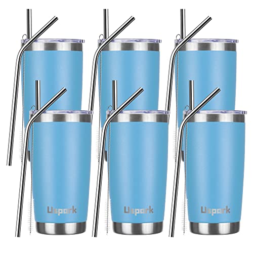 UsparkMC 20oz Tumbler Bulk Stainless Steel Cups with Lid and Straw, Double Wall Vacuum Insulated Travel Cups, Thermal Coffee Mug for Cold & Hot Drinks(Lake Blue, 6 Pack)