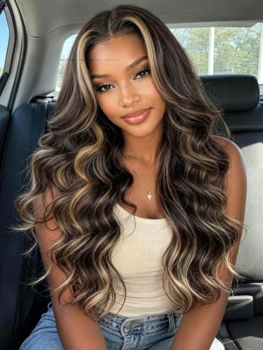 KLAIYI Ombre Highlight Blonde Loose Body Wave Bye Bye Knots Glueless Wigs Human Hair 7x5 Precut Lace Front Pre Plucked Bleached Ready to Wear Go Wig with Face Framing Curtain Bang Caramel Brown 18Inch