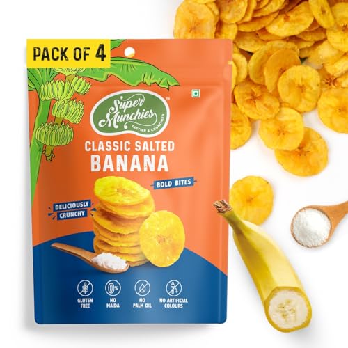 Image of Super Munchies Bold Bites Classic Salted Banana Chips | Vegan, Gluten Free, No Palm Oil, No Preservatives, No Artificial Colors, Zero Trans Fat, No Cholesterol, No Added MSG (Pack of 4)