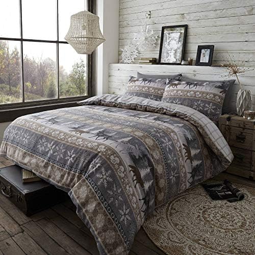 100% Brushed Cotton Nordic Scandi Hygge Winter Warm Taupe King Check Reversible Duvet Cover Bedding Set