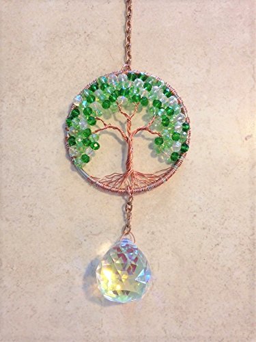 Crystal Sun Catcher Tree of Life Window Ornament,30mm Crystal Ball Prism,Handmade Window Ornament,Wiccan Decor,Office Decor,Feng Shui Healing Crystal,Gemstone Wire Tree Suncatcher,Green Crystals