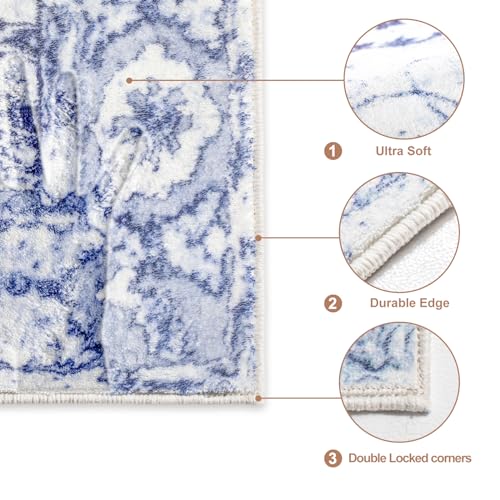Image of Sofrug Vintage Floral Area Rug 5'x7' Honeycomb Non-Slip Backing - Blue Thicker Faux Wool Rug - Foldable & Machine Washable Rug for Living Room Bedroom Dining Room Home Office Decor