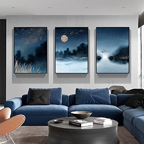 Mur Art Affiche Impression Toile Lune bleue pour décoration murale grand format 3 pièces