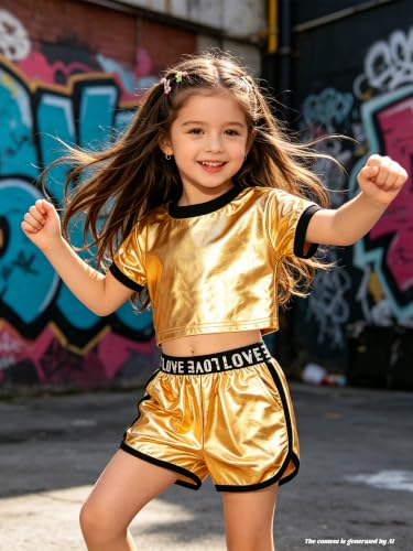 Image of Betusline Girls Summer 2 Piece Outfits,Kids Short Sleeve Crop Top & Shorts Set with Side Pockets