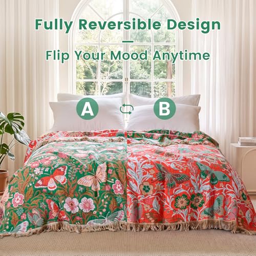 Image of MSGKV Boho Throw Blanket 50 inchx60 inch Fall Cotton Butterfly Floral Blanket