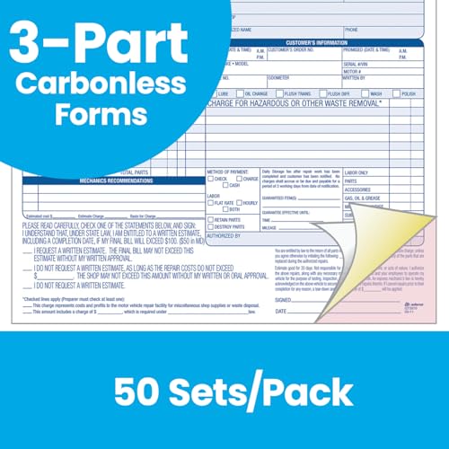 adams auto repair order forms 85 x 744 inch 3-part carbonless 50-pack white and canary gt3870