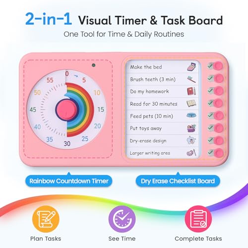 Image of 2-in-1 Visual Timer with Task Board for ADHD & Autism, Dry Erase Chore Chart and Visual Schedule for Kids & Adults, Rainbow Countdown Timer for Classroom, Home, Homeschool (Pink)