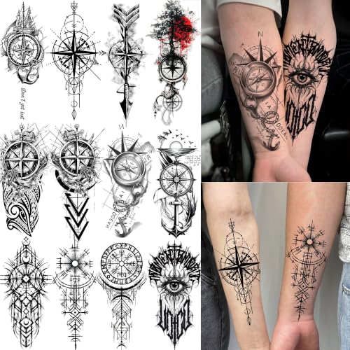 Image of Bilizar 12 Sheets Creative Compass Anchor Temporary Tattoos For Men Women Adults Forearm Tattoo Sticker, Realistic Viking Totem Fake Tattoos Half Arm Sleeve Arrow Chains Tatoos Waterproof Long Lasting