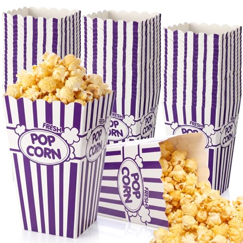 Image of Xinnun 100 Pcs Popcorn Boxes 32oz Classic Stripe Paper Buckets Disposable Oil Proof Popcorn Box Retro Open Top Container for Movie Night Supplies Theaters Carnival Birthday (Purple)