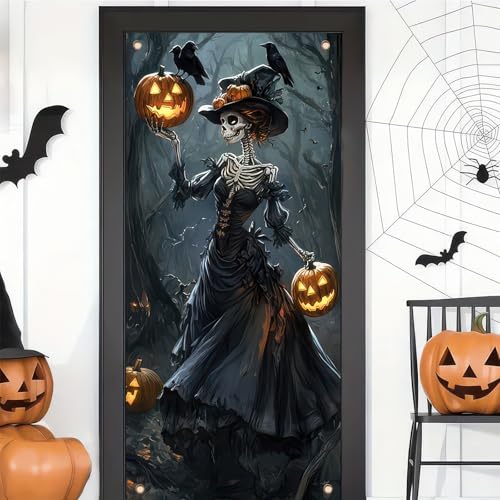 Image of BlissYard Skeleton Witch Door Cover Halloween Decorations 35x71 Inch Gothic Pumpkin Lady Banner Spooky Halloween Door Decor for Haunted House Wall Prop Indoor Party Backdrop