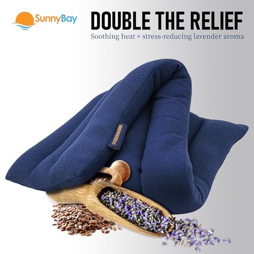 Image of SunnyBay Lavender Microwave Heating Pad, Microwavable Neck Wrap & Heat Pack for Moist Hot Therapy, Heated Neck Warmer for Neck, Shoulder & Back Pain Relief, Flaxseed Filling, 26x6, Navy Blue