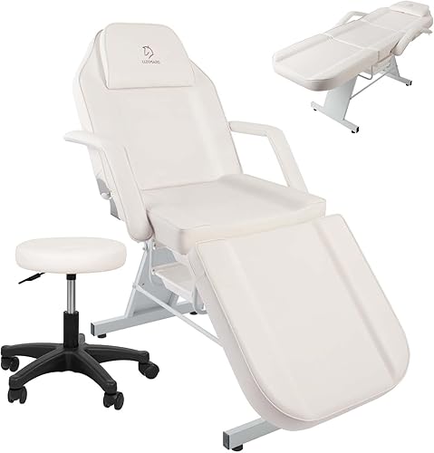 LUXMARS Silla facial de tatuaje, cama plegable ajustable para pestañas con taburete hidráulico, mesa de masaje para masaje profesional, pestañas