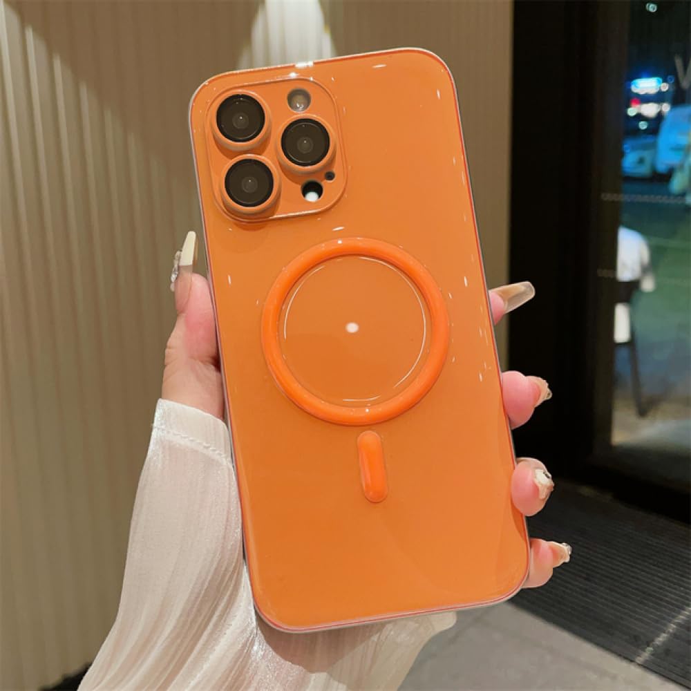 Coque iPhone 12 magnétique orange fluo en PC rigide avec charge sans fil