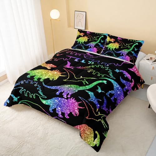 Image of QOOMO Rainbow Dinosaur Comforter Set for Girls Boys, Twin | Cartoon Dino Kids Bedding, 1 Comforter + 2 Pillowcases, Shiny Glitter, Bedroom Decor