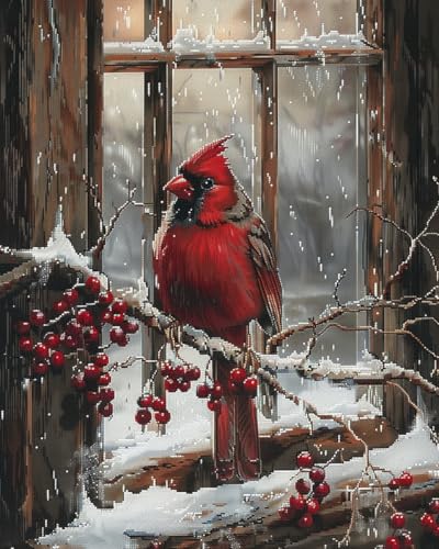 Red Cardinal on Window Berries DIY 11CT Stamped Cross Stitch Kits for Beginners Easy Needlepoint Embroidery Counted Cross Stitch Art Craft for Wall Decoration 12x16inch(8)