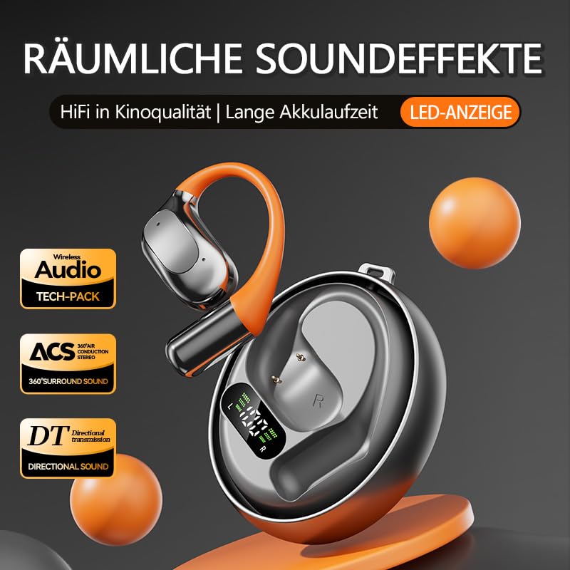 Słuchawki Bluetooth, Bluetooth 5.4, sportowe słuchawki tłumaczeniowe, wodoszczelność IPX5, cyfrowy wyświetlacz LED, typ otwarty, odpowiednie do uprawiania sportu, fitnessu, biegania (czarne)