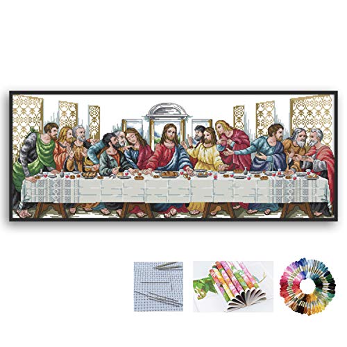 Image of DIY The Last Supper Painting Embroidery Set Include Instruction, Clothes, Needles, Patter 14CT Cross Stitch Kit 30.31 inch x 13.78 inch Christian Gift for Woman Home Decor Hobbies Crafts for Adults