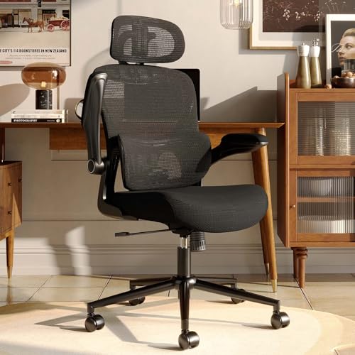 SUNNOW Ergonomic Office Chair, Comfy Mesh Desk Chair, High Back Computer Gaming Chairs with Adjustable Lumbar Support, Flip-Up Arms, Headrest, Tilt Function, Wide Cushion, Swivel Wheel, BIFMA Quality