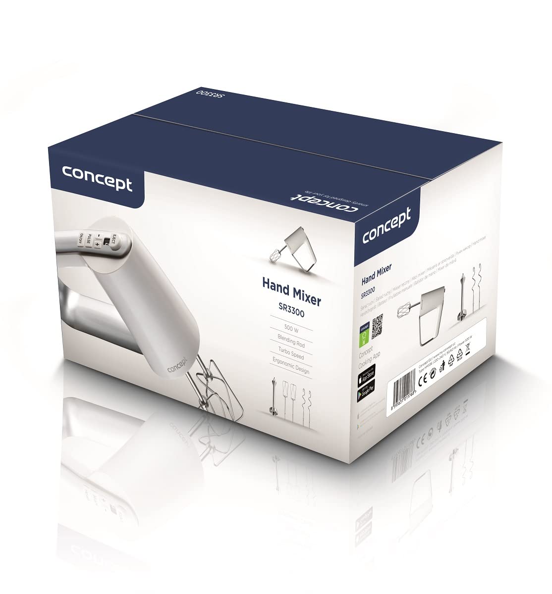 CONCEPT Hausgeräte SR3300 - Frullatore manuale da 500 W, con 2 ganci per impastare, 2 fruste, 5 velocità, design ergonomico, colore: Bianco