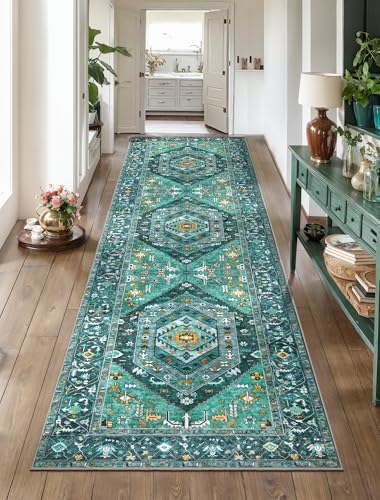 SERISSA Boho Washable Runner Rug, 2'6"x8' Rug Runner Non-Slip Vintage Teal Hallway Kitchen Runner Rug Ultra Soft Print Distressed Tribal Floor Carpet Runner for Bedroom Bathroom Laundry Room
