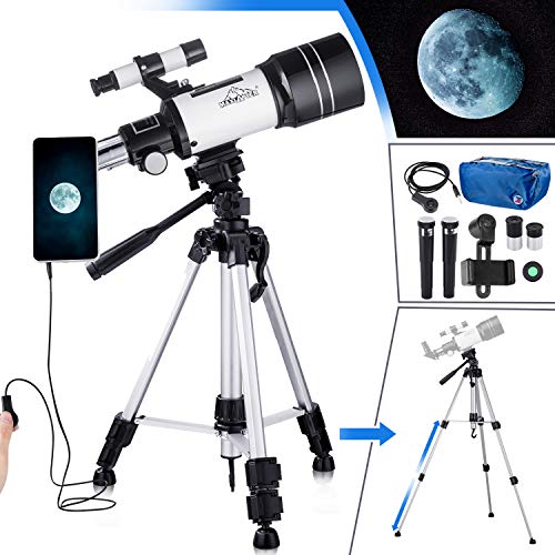 Telescopio Astronomico per Bambini Principianti Adulti, Telescopio Rifrattore HD da 70 mm per Astronomia, con Adattatore Telefonico, Treppiede Regolabile, Fibroscopio, Filtro Lunare