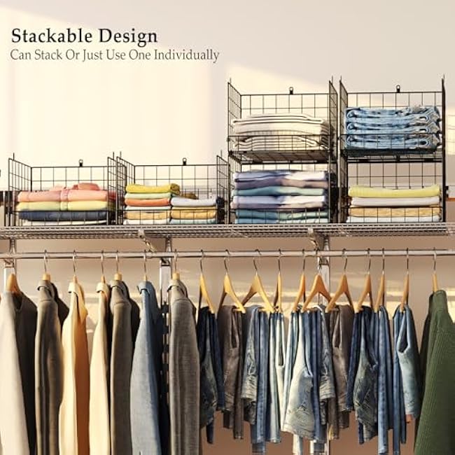 4 Pack Closet Organizers and Storage Shelves for Clothes, 4 Tier Stackable Closet Storage Basket Bin Container for Clothing Sweater Jean, Narrow, Foldable, Sturdy Metal Closet System Organizer Shelf