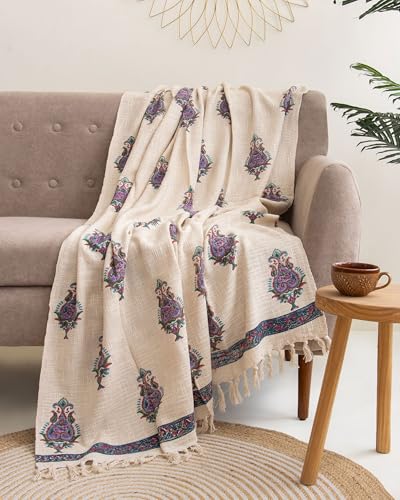 Image of Handmade 100% Cotton Handblock Floral Print Sofa Throw Blanket for Couch & Sofa, Car,Bed 50x60 Inch (Multi-Color 01)