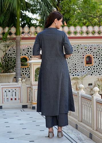 Image of Yash Gallery Women's Cotton Printed A-Line Kurta with Pant Set |Lilac Geometric Print|Mandarin Collar, Front Buttons & Short Roll-Up Sleeves|Casual & Office Ethnic Wear