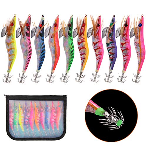 Squid Jigs - Señuelos de camarón brillantes de agua salada, 10 señuelos luminosos de camarones y gambones envueltos en madera de colores mixtos para pesca nocturna del amanecer (3.0#-10 piezas) Cover