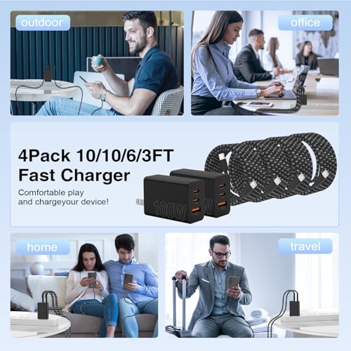Image of 65W Super Fast Charger Type C for Samsung,3 Port 100W PD Quick Charging 3.0 USB C Block & 3 /6 /10 /10FT Braided Type C Cord for Samsung Galaxy S26 Ultra /S26 /S25 Ultra /iPhone 17 18 Pro /MacBook Pro /Air