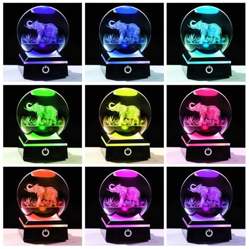 Image of 3D Crystal Ball Elephant Gifts for Women Men Adults Decor for Home Snow Globe Ornament with LED Base Night Light, Laser Etched Glass Elephant Figurines Friendship Gifts for Her Mom Friend
