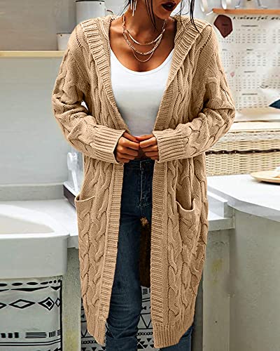 Image of Women Hooded Open Front Cardigan Cable Knit Chunky Long Sweater Coats