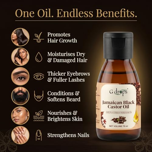 Image of Jamaican Black Castor Oil (Arandi Tel) - 100% Pure Cold-Pressed & Hexane-Free for Hair Growth, Thicker Eyebrows & Eyelashes, Scalp Nourishment | For Men & Women | 70ml