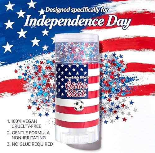 4th of July Glitter Stick, Patriotic Face & Body Glitter Stick, Red White and Blue Glitter Stick, 4th of July Outfits for Women, Waterproof Glitter Makeup for 250th Anniversary of Independence Day — view 3