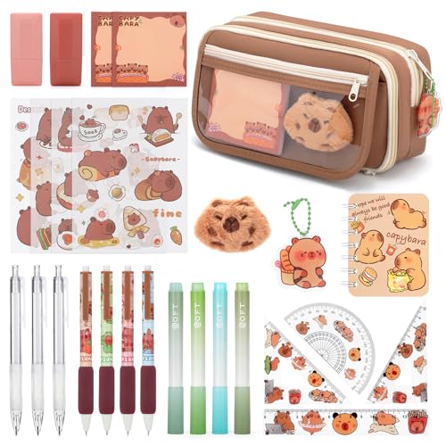 CICIGITI 27 Piezas Estuche Escolar Capibara Niñas, Set de Papelería con Estuche Capybara, 4 Rotuladores, 4 Bolígrafos, 3 Lápices Mecánicos, 4 Reglas, Regalo para Niñas & Niño 7 8 9 10 11 Años, Marrón