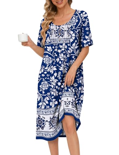 Ekouaer Nightgowns for Women Short Sleeve House Dresses with Pockets Pleated Moo moos Floral Print Mumu Dress