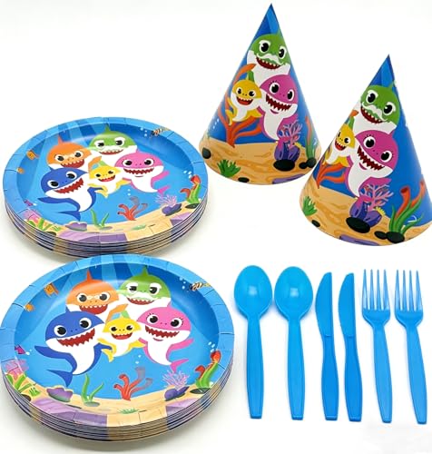 Shark Birthday Party Supplies Set Paper Plates Party Hats Tableware 7-inch 9-inch 12-piece Set Kids Birthday Theme