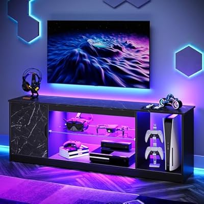 Bestier LED TV Stand for 55/60/65 Inch TV, Gaming Entertainment Center with Cabinet for PS5, Xbox,Modern TV Cabinet with Adjustable Glass Shelves for Living Room, Bedroom 58 Inch,Black Marble