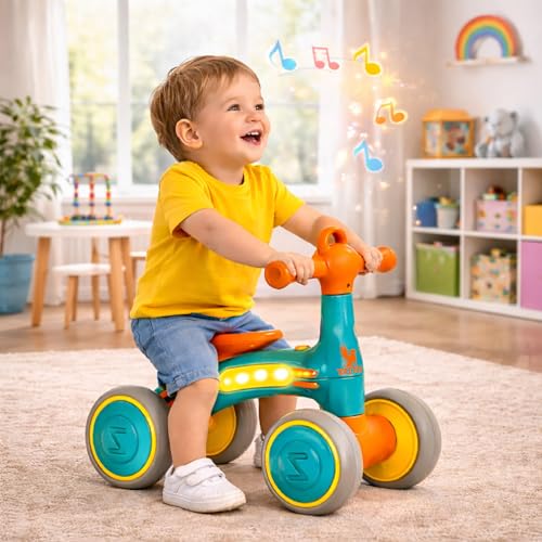 Image of TALIO Kids 4-Wheel Balance Bike with LED & Music | BIS Certified | Toddler Ride-On | Comfortable Seat | for Ages 1-4 Years | AA Batteries Included (GBB-503 /02) (Brown /Green)