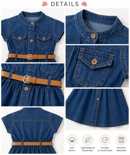 Image of Bold N Elegant Girl's Short Sleeve Front Open Stylish Cute Cotton Denim Dress Frock Tunic with PU Leather Belt and Pockets for Infant Toddler Baby Girls