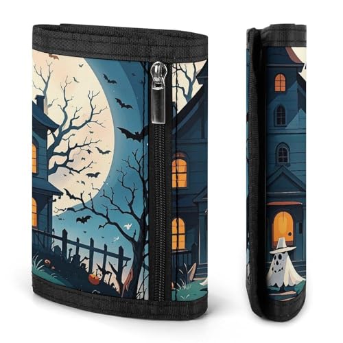 Haunted House Tree Witch Halloween Trifold Wallet for Men - Money Clip Slim Wallets with Multiple Card Slots Minimalist Small Front Pocket Wallet for Everyday Carry3