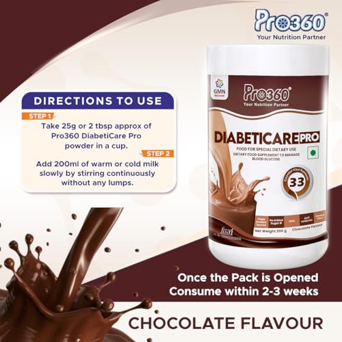 Image of Pro360 DiabetiCare Pro Nutritional Diabetic Protein Food Supplement Powder to Manage Diabetes and Blood Glucose for Adults (Men & Women) - 200gm Jar (Chocolate)