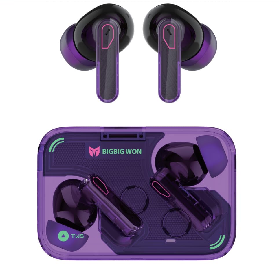 BIGBIG Won True Wireless Noise Cancelling Transparent Bluetooth Headphones, Noise Cancelling Bluetooth 5.3 In-Ear Headphones, Gaming/Music Dual Mode Lightweight Purple Earbuds for iPhone/Android/PC